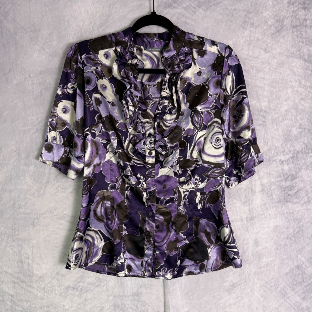 Whimsigoth Apt 9 Dark Floral Ruffle Top womens sz Button Down Purple romantic